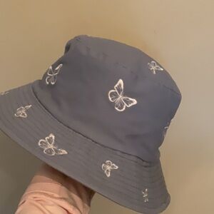 Blue Bucket Hat with white Butterfly Embroidery